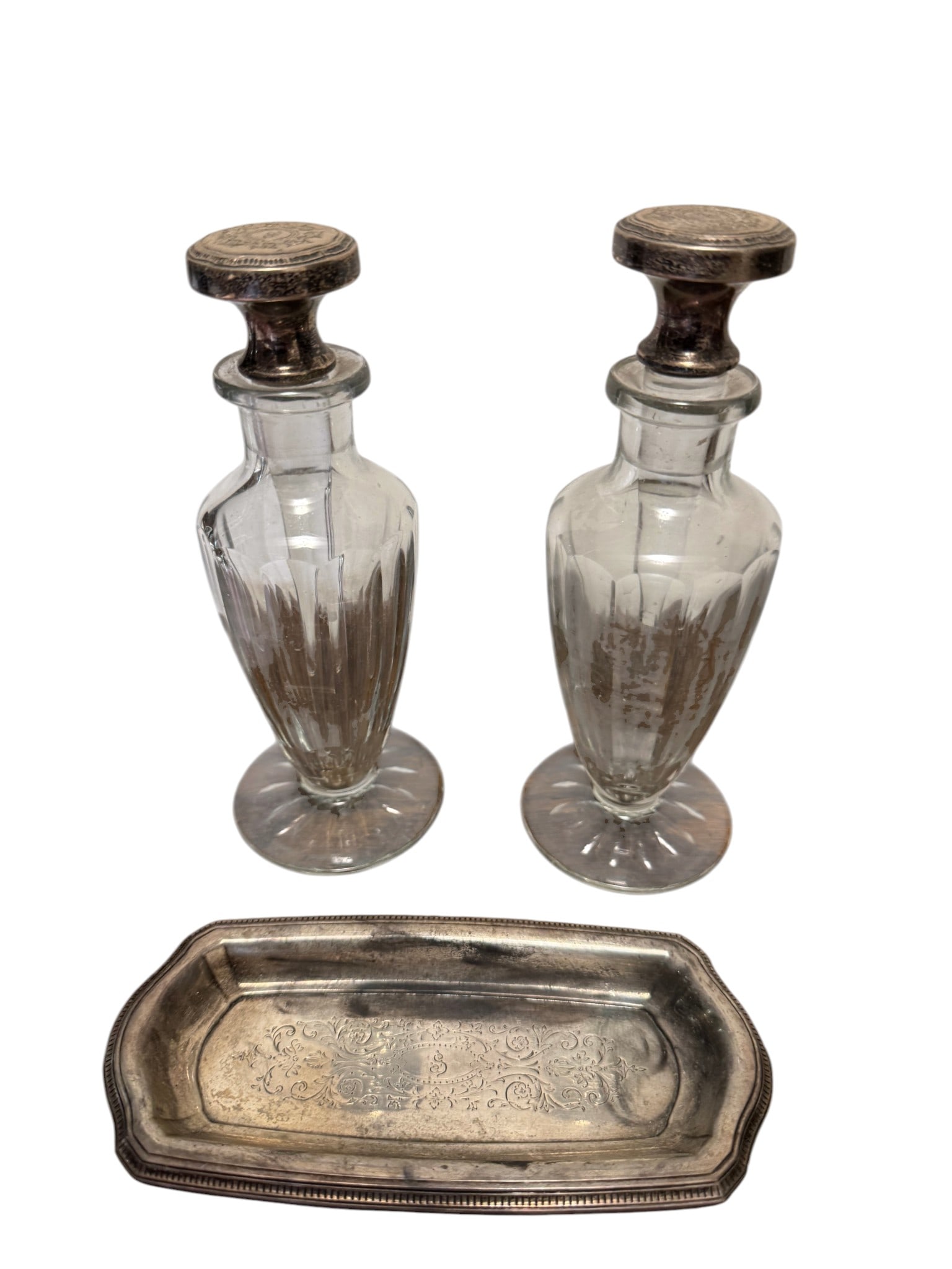Pair of Tiffany & Co Glass Cruets with Ornate Silver-Plated Stoppers and a Tiffany & Co. Sterling... (1 of 5)