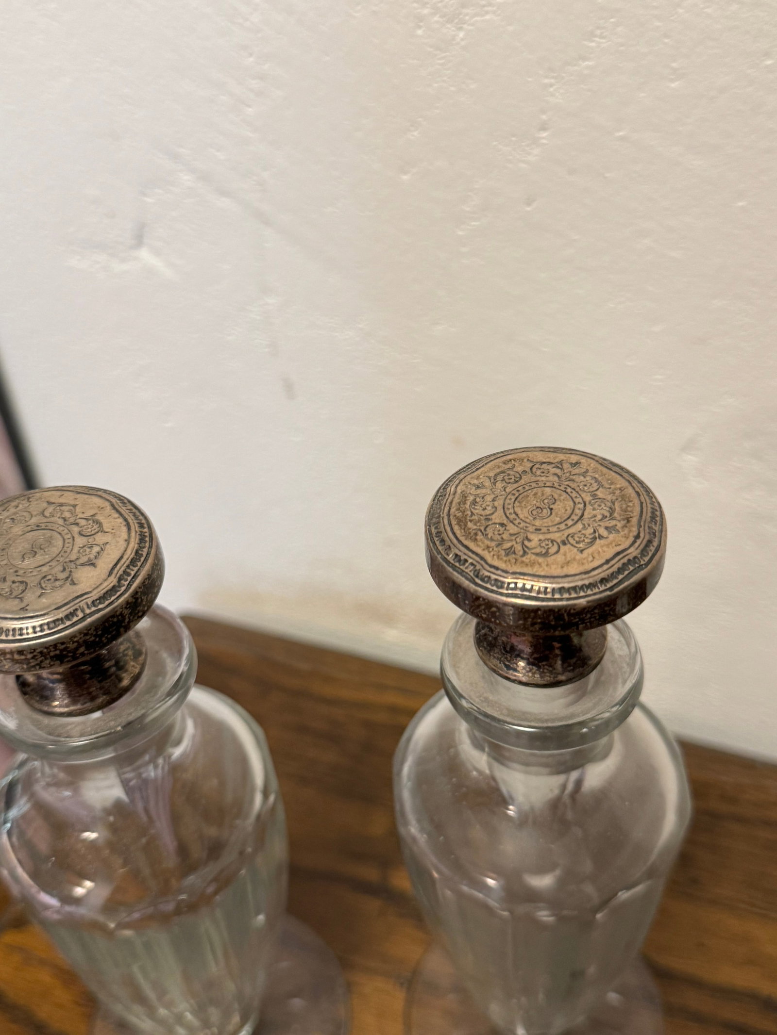 Pair of Tiffany & Co Glass Cruets with Ornate Silver-Plated Stoppers and a Tiffany & Co. Sterling... - 3
