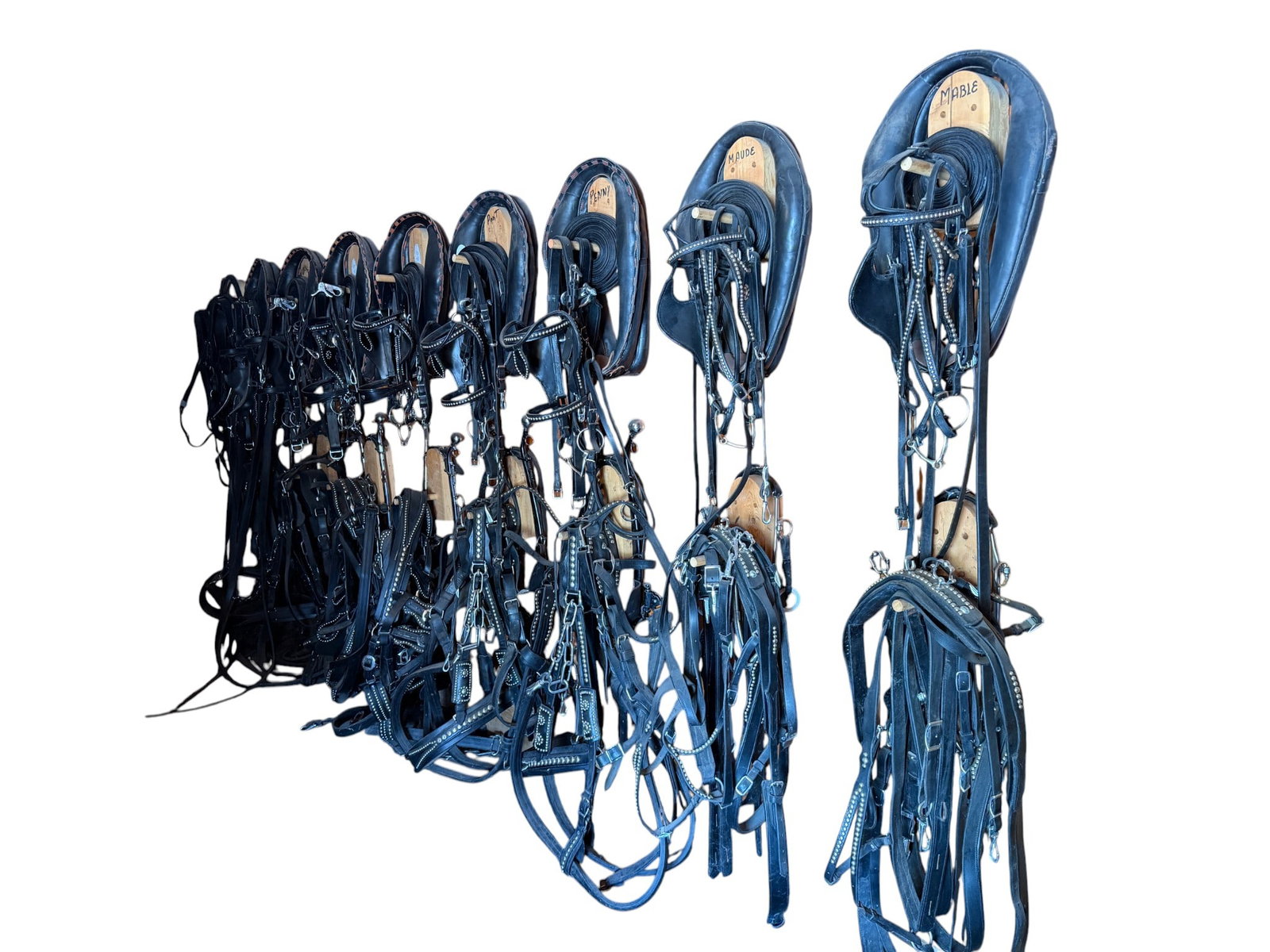 Collection of Twelve Amish Made Vintage Leather Mule Harnesses with Studded Accents: A comprehensive collection of twelve Amish made vintage leather mule harnesses, likely dating from the early to mid-20th century. Each harness appears to be crafted from robust black leather,