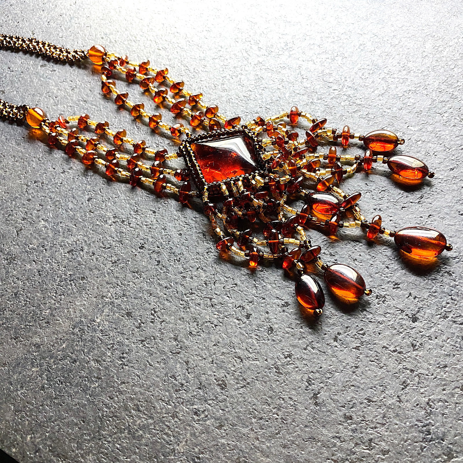 Grand Amber Floral Necklace made from leaf like bead ornaments - 3