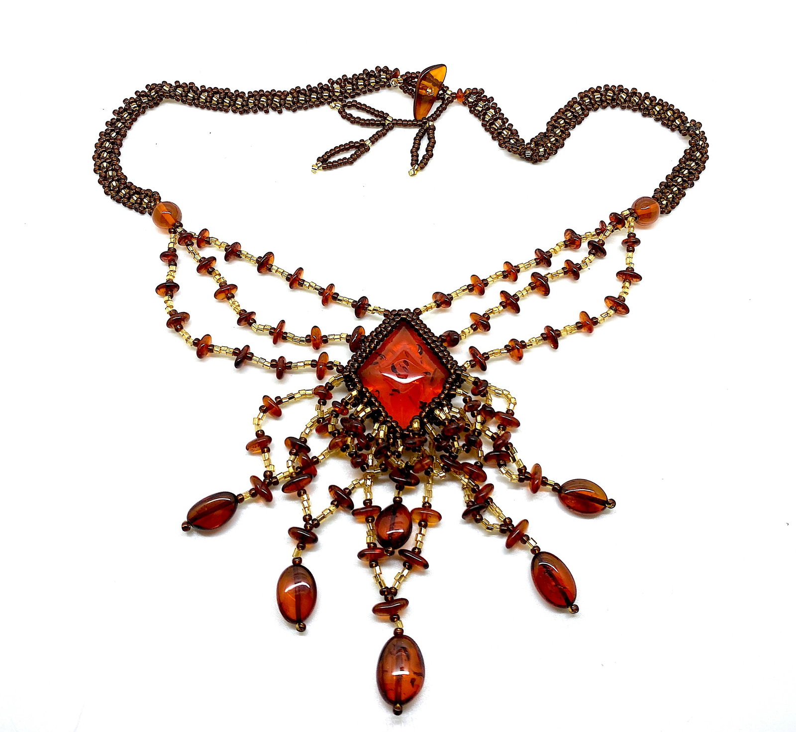 Grand Amber Floral Necklace made from leaf like bead ornaments - 4