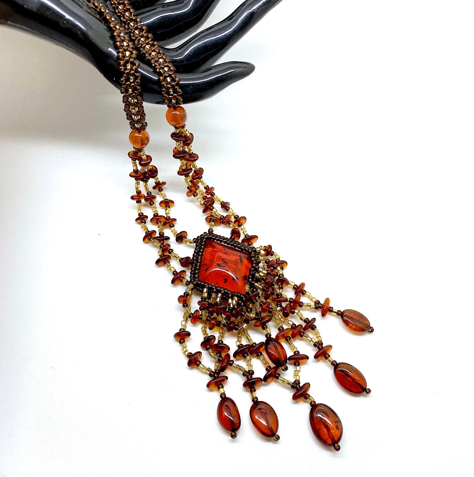 Grand Amber Floral Necklace made from leaf like bead ornaments - 8