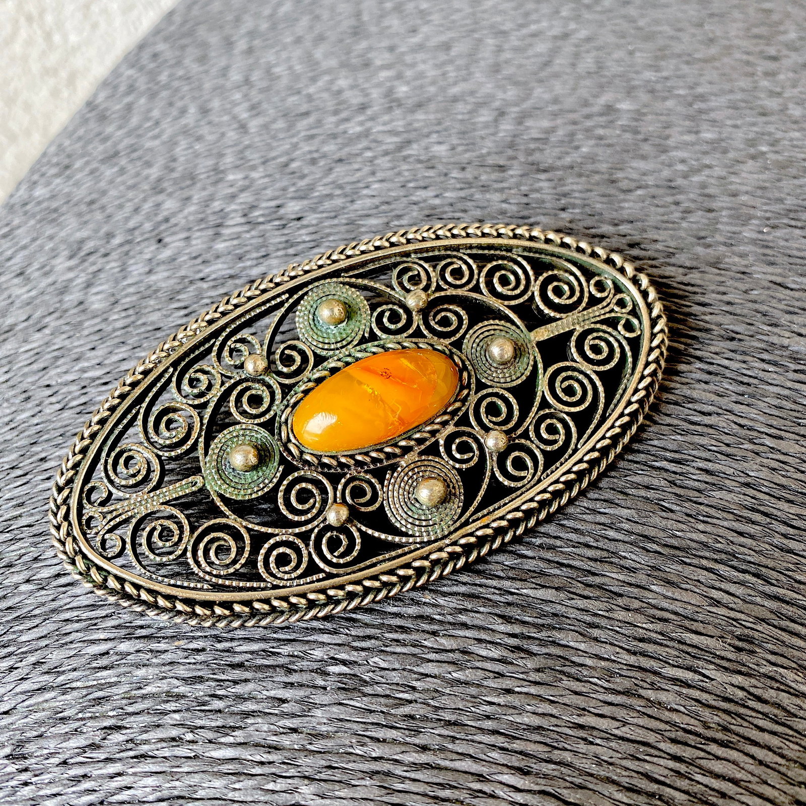 Incredible Amber Brooch: Title:Incredible Amber Brooch Metal:Silver 875 Gemstone:Amber Weight:29.0 g Size:Size: 84.0 x 45.0 x 13.0 mm Size: 3.307 x 1.772 x 0.512 inches Made of:(Reconstituted Amber or Whole