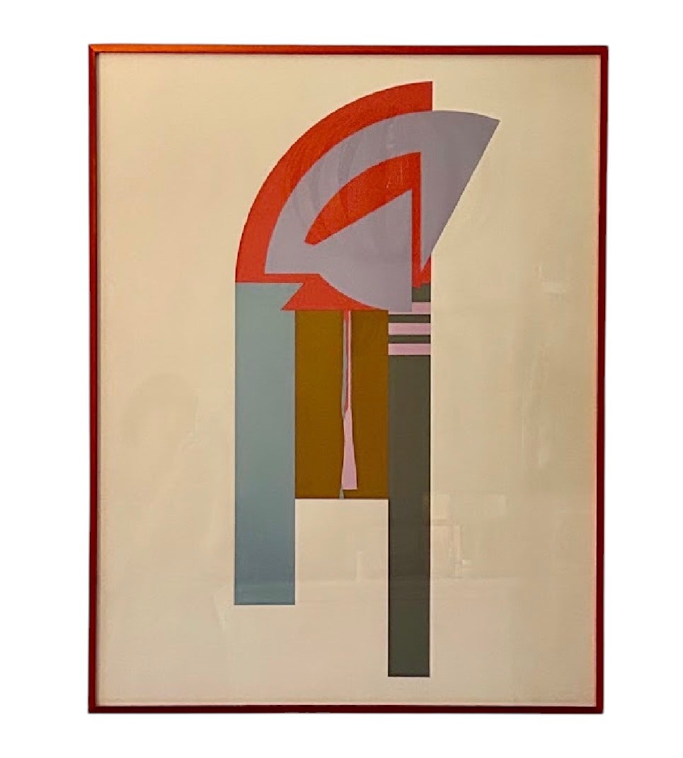 Budd Hopkins (American 1931-2011), Guardian series, 1980, Abstract Geometric Composition in Red F...: This modern abstract work features a striking geometric composition with bold shapes and a harmonious palette of muted reds, grays, blues, and golds. The use of clean lines and interlocking forms crea