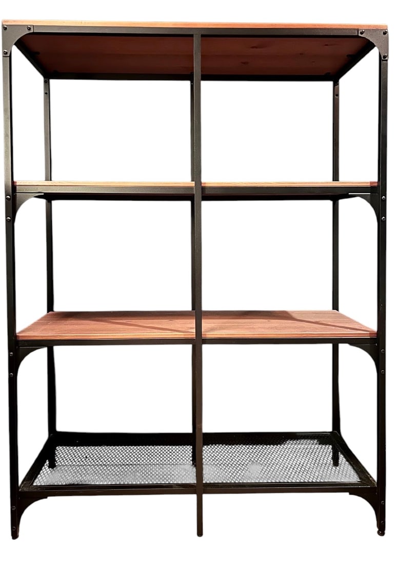 Set of 3 Fjallbo Industrial Style Etagere Shelves with Cabinets: A set of three contemporary industrial-style etagere shelf featuring a dark metal frame and four wood-look shelves. The lower section includes two mesh-paneled cabinet doors, one opening to the left