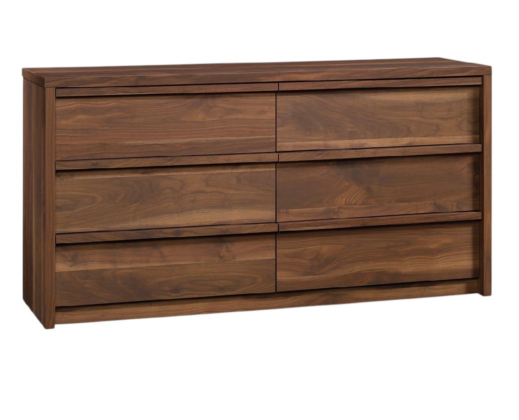 Holtzlander Modern Walnut Veneer Six-Drawer Dresser: A contemporary six-drawer dresser featuring a rich walnut veneer finish, likely constructed from engineered wood. The design emphasizes clean lines and a minimalist aesthetic, characterized by