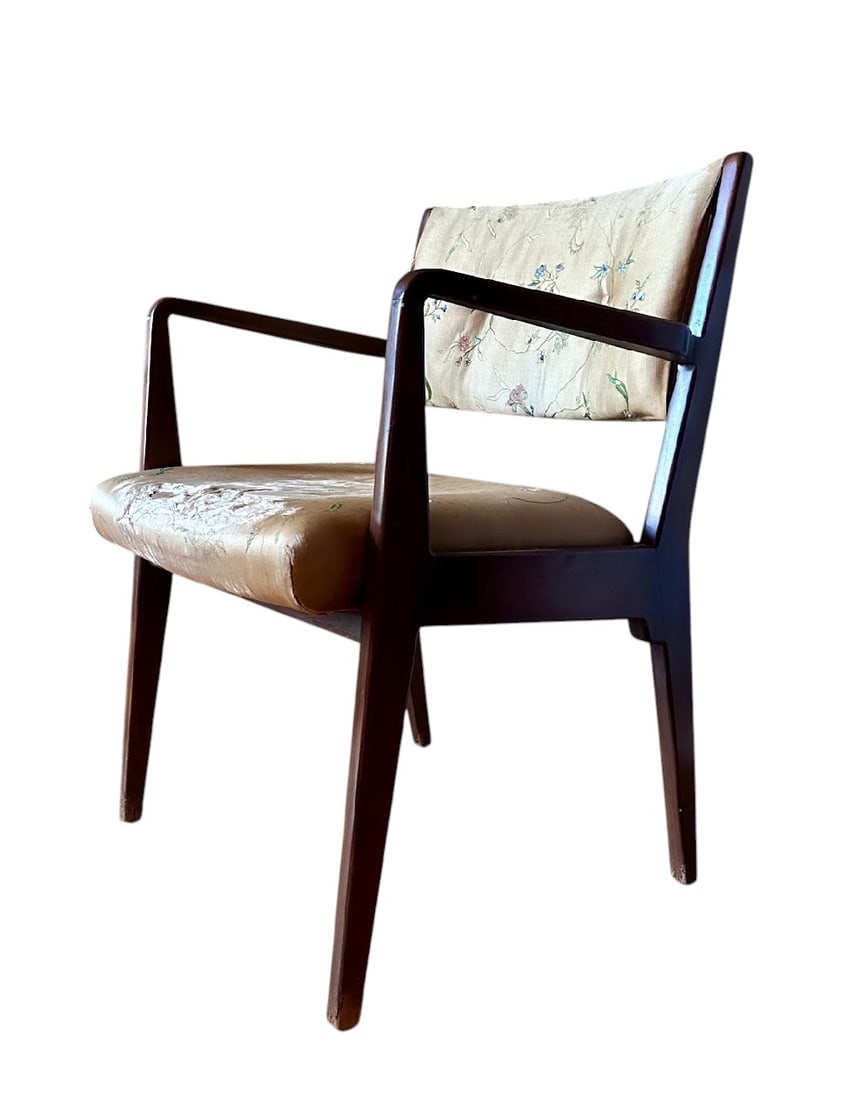 Set of 4 - Mid-Century Modern Armchair by Jens Rison: Set of 4 vintage Mid-Century Modern armchairs by Jens Rison, likely produced in the 1950s-1960s. The chair features a mahogany or similar dark wood frame with sleek, tapered legs and gently curved