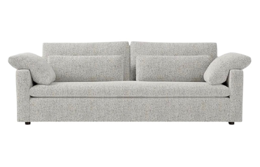 West Elm Harmony Swoop Arm Sofa: A contemporary West Elm "Harmony Swoop Arm" sofa. This sofa features a clean-lined silhouette, plush cushions, and a textured light grey upholstery. The design emphasizes comfort and modern