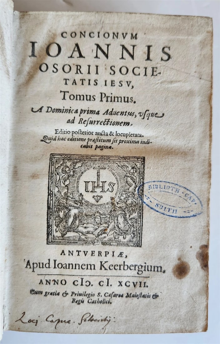 1597 SERMONS by Jesuit Ioannis Osorii antique HAND TOOLED PIGSKIN OVER WOOD - 2