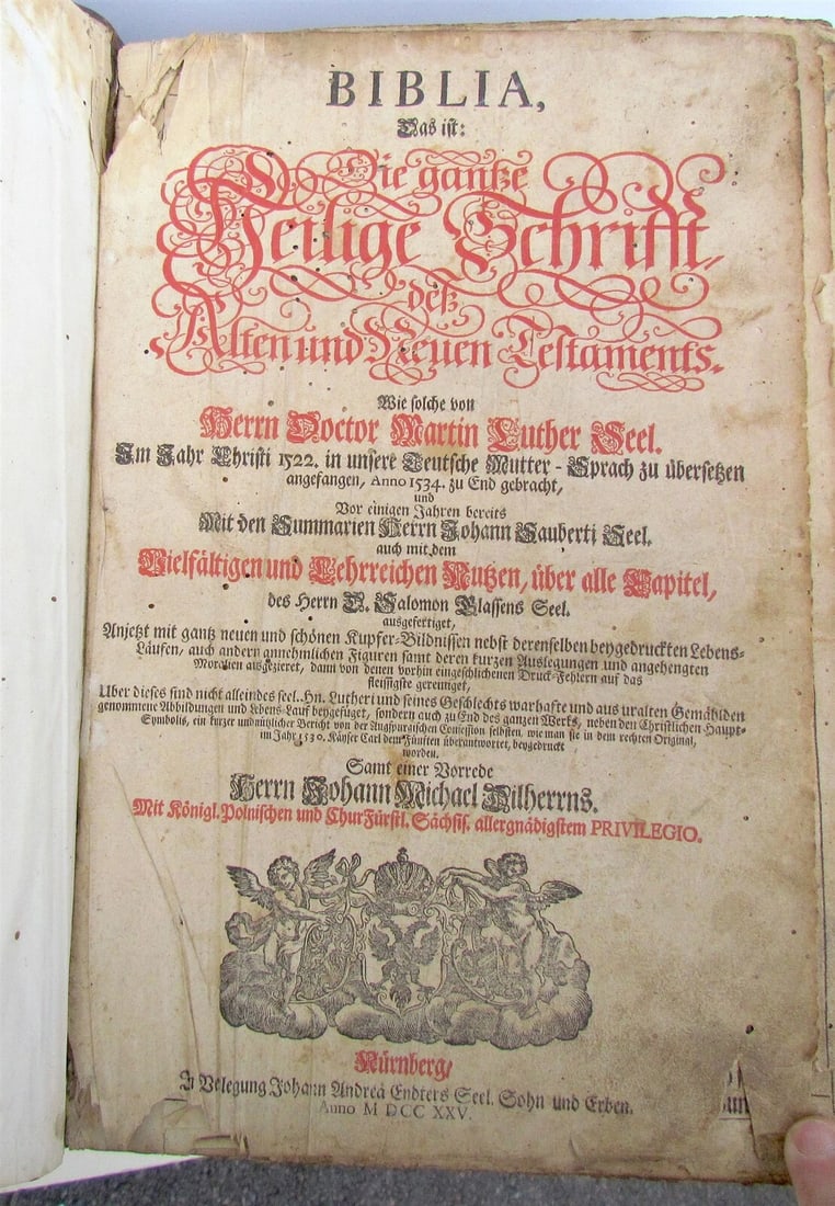 1725 BIBLE ILLUSTRATED LEATHER BOUND MASSIVE FOLIO in GERMAN ANTIQUE BIBLIA: Text in German. Printed in Nurenberg, Germany in 1725. Folio (10 by 15") Leather over wooden boards covers. Some foxing. Fully illustrated. Good condition. Some wear, foxing. Worn binding with old rep