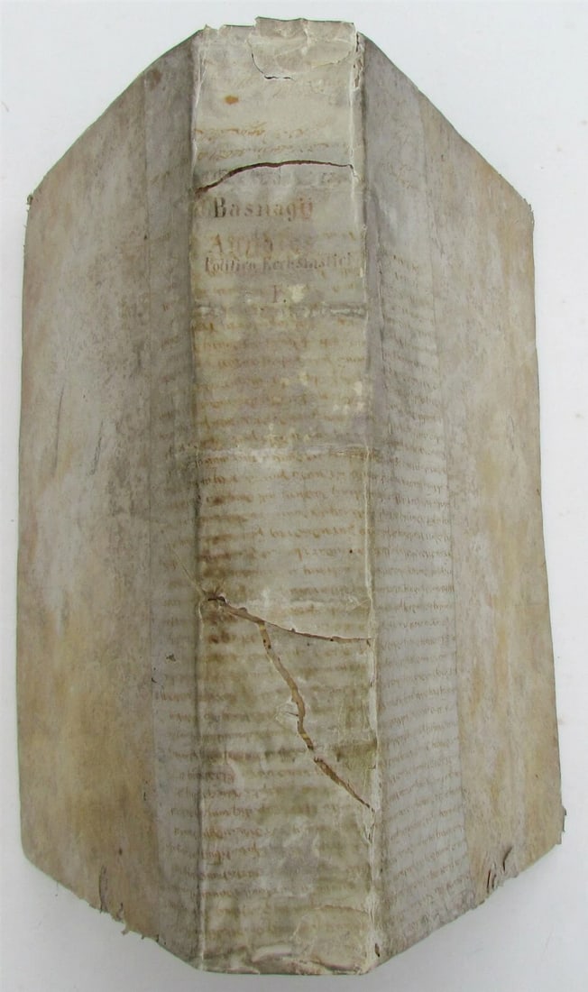 1706 VELLUM BOUND ANTIQUE FOLIO ANNALES POLITICO-ECCLESIASTICI by S. BASNAGII: Guillelmi Estii in Quatuor Libros: Sententiarum Commentaria; Guillelmi Estii; Parisiis; Georgii Josse; 1680; Size 9.5 by 14.5" (38 x 25 cm) 207/397/562 pp. Volumes I-IV, bound in two books.