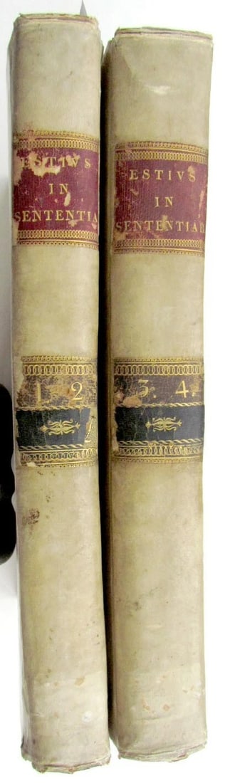 1680 2 volumes ANTIQUE VELLUM BOUND FOLIOS Guillelmi Estii Commentaria: Gatterer, Johann Christoph (1727-1799) Historia Genealogica Holzschuherorum. Nuremberg: Fleischmann, 1755. Folio (14 x 8 1/2 in. ) added engraved title, typographical title page printed in red and bla