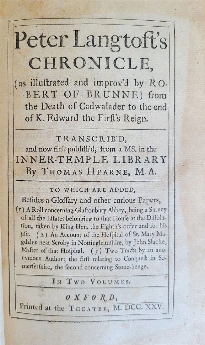 1725 PETER LANGTOFT'S CHRONICLE antique 2 VOLUMES in ENGLISH rare THOMAS HEARNE - 2