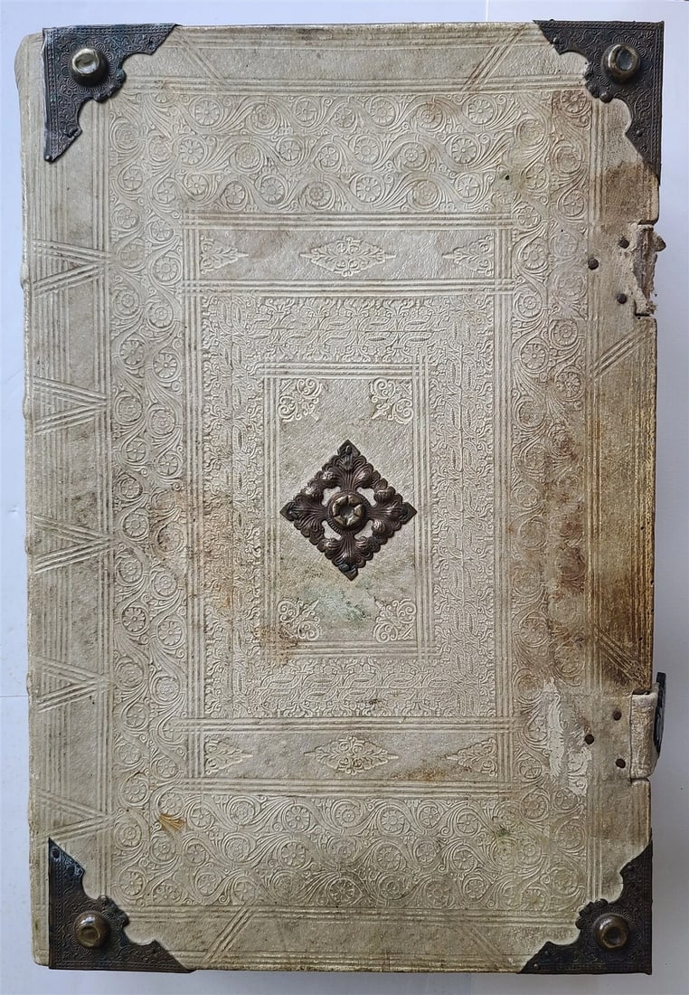 1756 CHORAL PSALTER IMPRESSIVE LARGE PIGSKIN FOLIO w/ METAL FITTINGS antique 16": PSALTERIUM ROMANUM dispositum per hebdomadam ad normam Breviarii ... Cum omnibus, que? pro Psalmis, Hymnis ... ceterisque in Divino Officio modulandis necessaria sunt, etc. [With musical notes.]