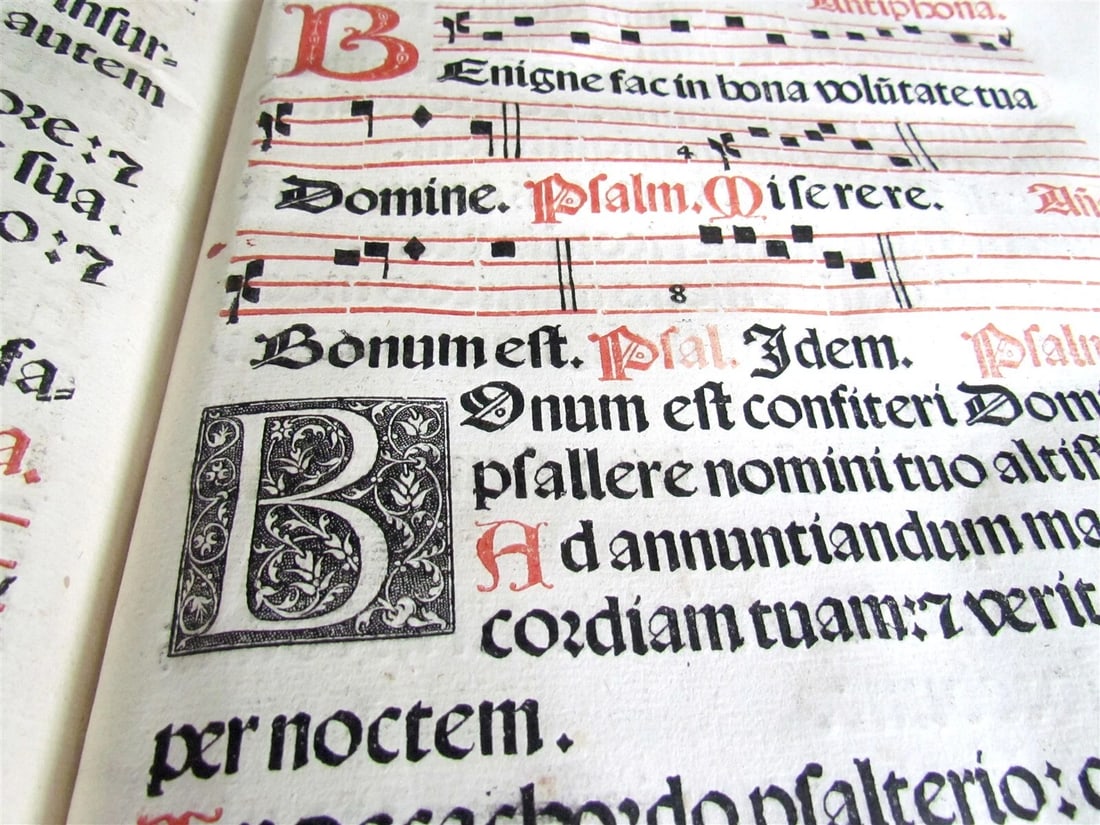 1621 PSALTERIUM ROMANUM antique MISSAL ANTIPHONAL FOLIO 11x6" w/ musical notes - 11