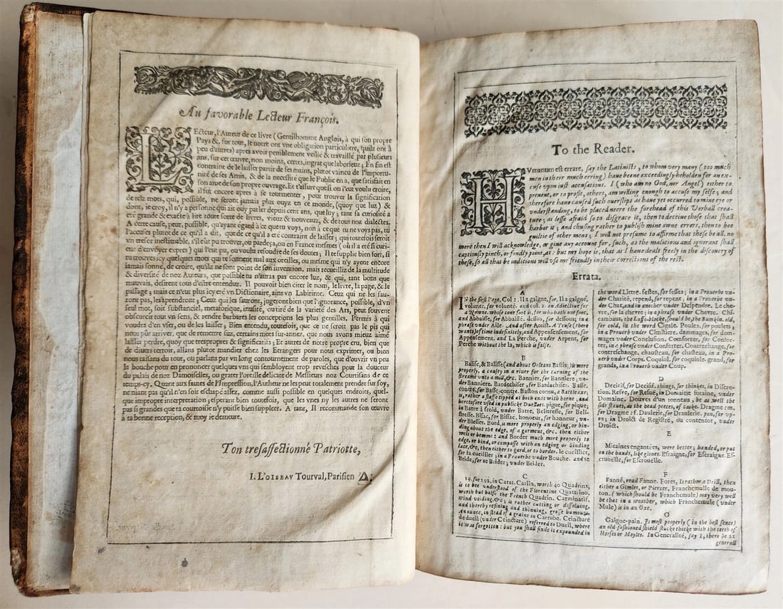 1632 DICTIONARIE of FRENCH & ENGLISH TONGUES by Randle Cotgrave antique ENGLISH - 6