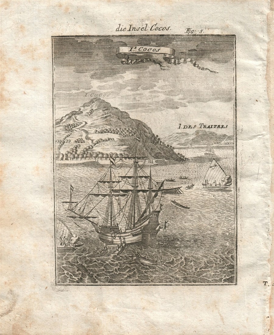 1719 COCOS ISLAND plate 5 from Beschreibung Des gantzen Welt-Kreises: Plate No. 4 : HORN ISLAND "die Insel HORN" engraving from German edition of "Description of entire world" Beschreibung Des gantzen Welt-Kreises by Alain Manesson Mallet Frankfurt; 1719 Size 6.5 by 8