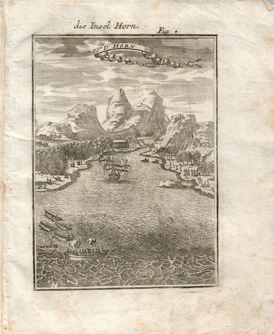 1719 HORN ISLAND plate 4 from Beschreibung Des gantzen Welt-Kreises: Plate No. 31 : SUGAR FACTORY "SUCRERIE" engraving from German edition of "Description of entire world" Beschreibung Des gantzen Welt-Kreises by Alain Manesson Mallet Frankfurt; 1719 Size 6.5 by 8