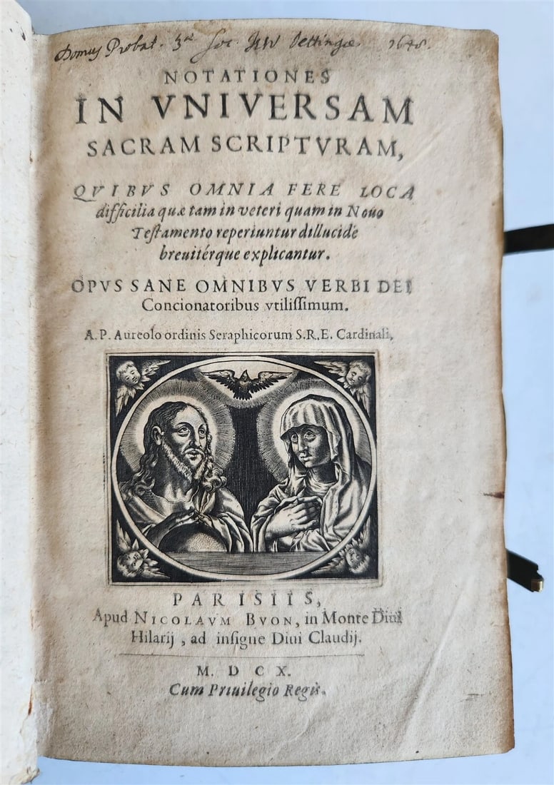 1610 BIBLE COMMENTARY by PETRUS AUREOLI antique BLIND STAMPED PIGSKIN w/ CLASPS - 3