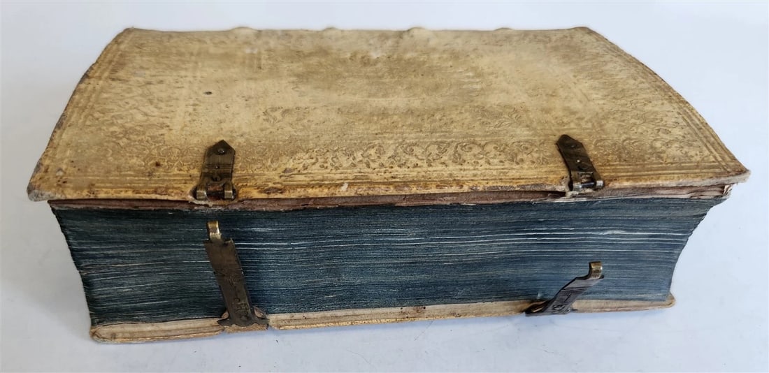1610 BIBLE COMMENTARY by PETRUS AUREOLI antique BLIND STAMPED PIGSKIN w/ CLASPS - 6