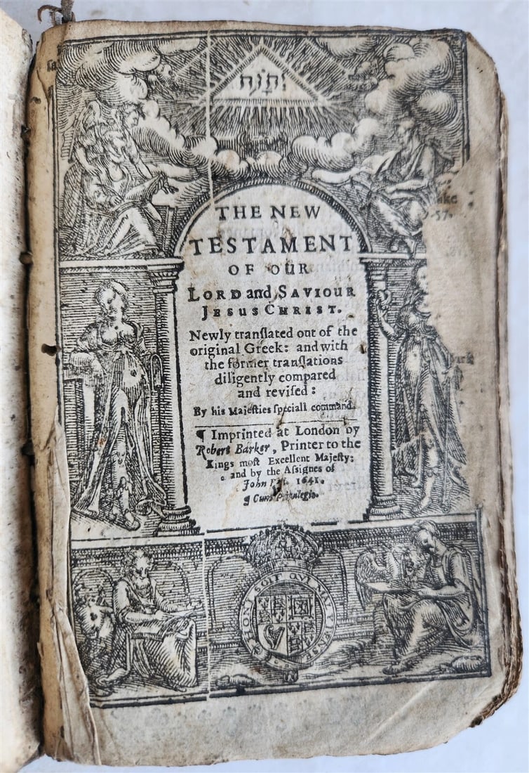 1641 BIBLE in ENGLISH antique New Testament LONDON BARKER & assigns of JOHN BILL: THE NEW TESTAMENT London: Robert Barker & assigns of John Bill; 1634 Original calf, worn, lacking clasps. Spine with raised bands. Missing piece at the bottom of the spine. Cover is almost detached