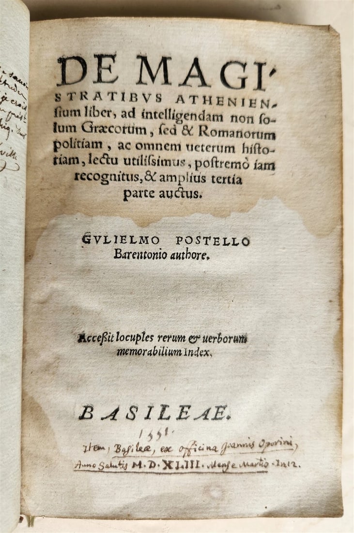 1551 ATHENIAN MAGISTRATES GREEK & ROMAN HISTORY by Guillaume POSTEL antique: De la sagesse trois livres. Derniere edition. by Pierre Charron Rouen, Berthelin; 1623 18 leaves, 802 pages, 9 leaves, 85 pages. Original leather, with rich gold embossing (damaged). -Tchemerzine III,