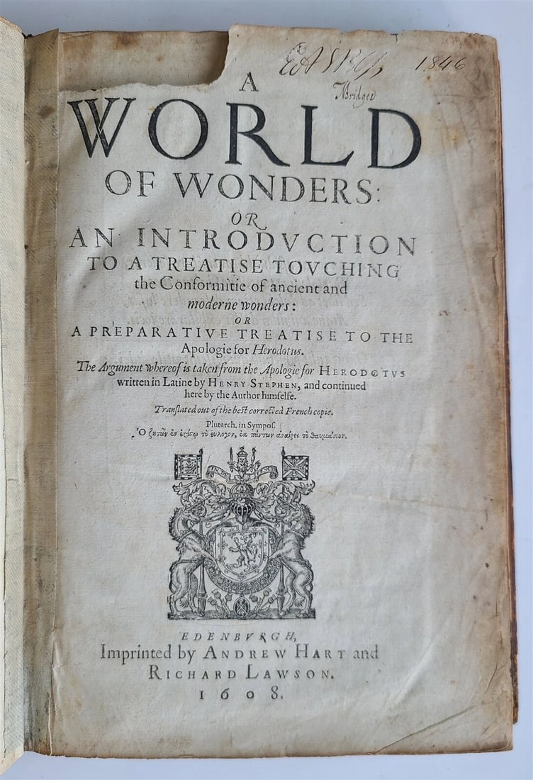 1608 WORLD OF WONDERS by HENRI ESTIENNE antique in ENGLISH rare: Andreas BUREUS Suecia, siue de Suecorum regis dominiis et opibus. Commentarius politicus. Lugduni Batavorum, Ex Officina Elzeviriana 1633. In-24 (2 1/2 by 4 1/2") Vellum binding (worn). Lacks back end