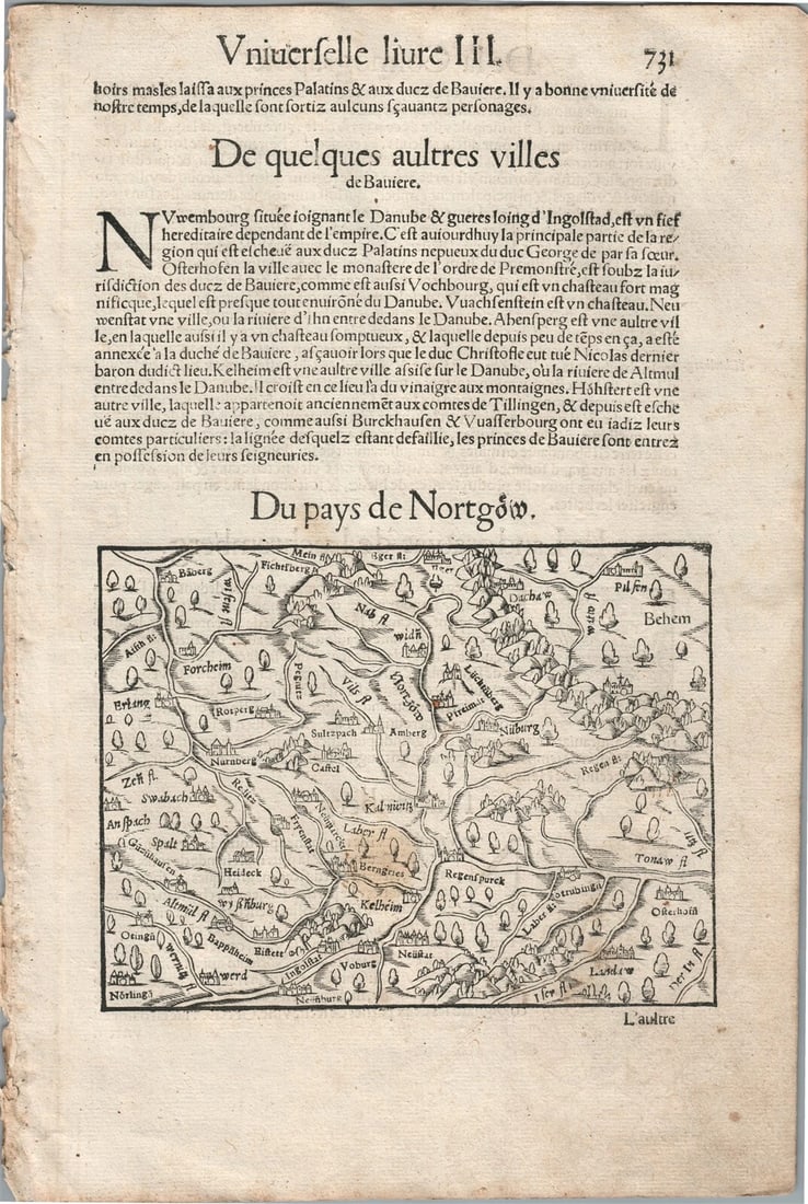 1575 NORDGAU GERMANY VIEW LEAF from BELLEFOREST EDITION of MUNSTER COSMOGRAPHY: Francois de Belleforest (1530 – 1583) Rare BAVARIA , GERMANY MAP LEAF from 1575 Belleforest revised French edition of Munster’s cosmography under the title “La Cosmographie universel