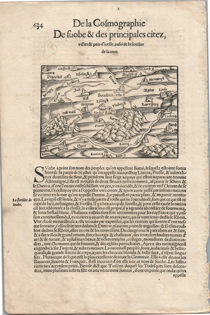 1575 BAVARIA MAP LEAF from BELLEFOREST EDITION of MUNSTER COSMOGRAPHY: PETRI ANNATI SACRIS ECCLESIAE CONCILIIS Auditoribus Oblatus; 1799 Size 4 by 6 1/4" Original calf 215 pages Some wear of binding, good interior condition, minor foxing Text in Latin Please see my