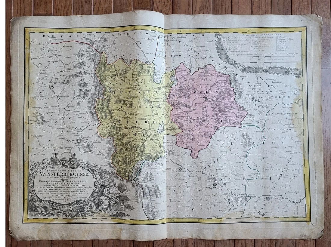 1736 LARGE MAP OF SILESIA POLAND MUNSTERBERGENSIS antique 25 x 4 3/4": Principatus Silesiae SAGANENSIS in suos circulos, Sagan, Priebus, et Naumburg by HOMANN HEIRS Nuremberg, 1736 The land survey was done by J. W. Wieland, and corrected by M. v. Schubarth. With a large 