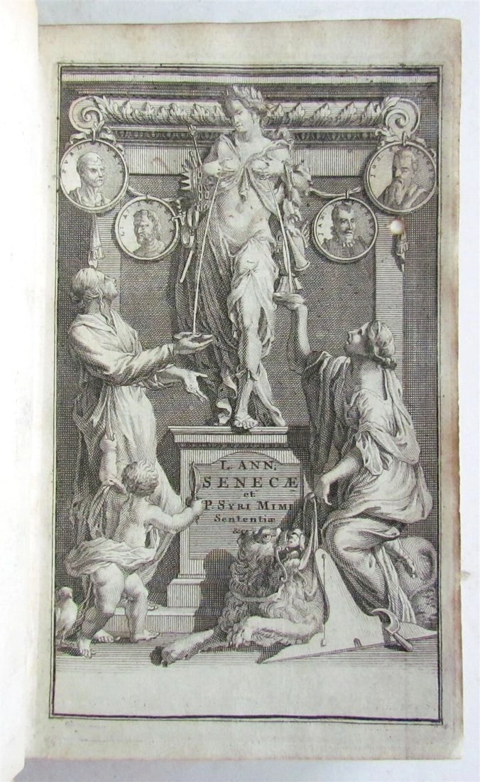 1727 SENECA in LATIN & GREEK antique GILT STAMPED PRIZED VELLUM BINDING - 3