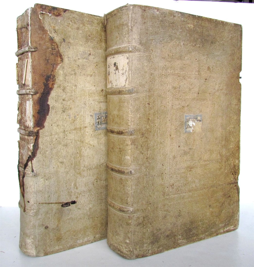 1730 BIBLE 2 volumes LATIN GERMAN BIBLIA antique HAND TOOLED PIGSKIN BOUND FOLIO: CASPARIS ENS EPIDORPIDUM libri IV : in quibus multa sapienter, grauiter, argute, salse, iocose, atque etiam ridicule dicta [et] facta continentur by Ens, Gaspar (mathematician, born in 1570) Coloniae 