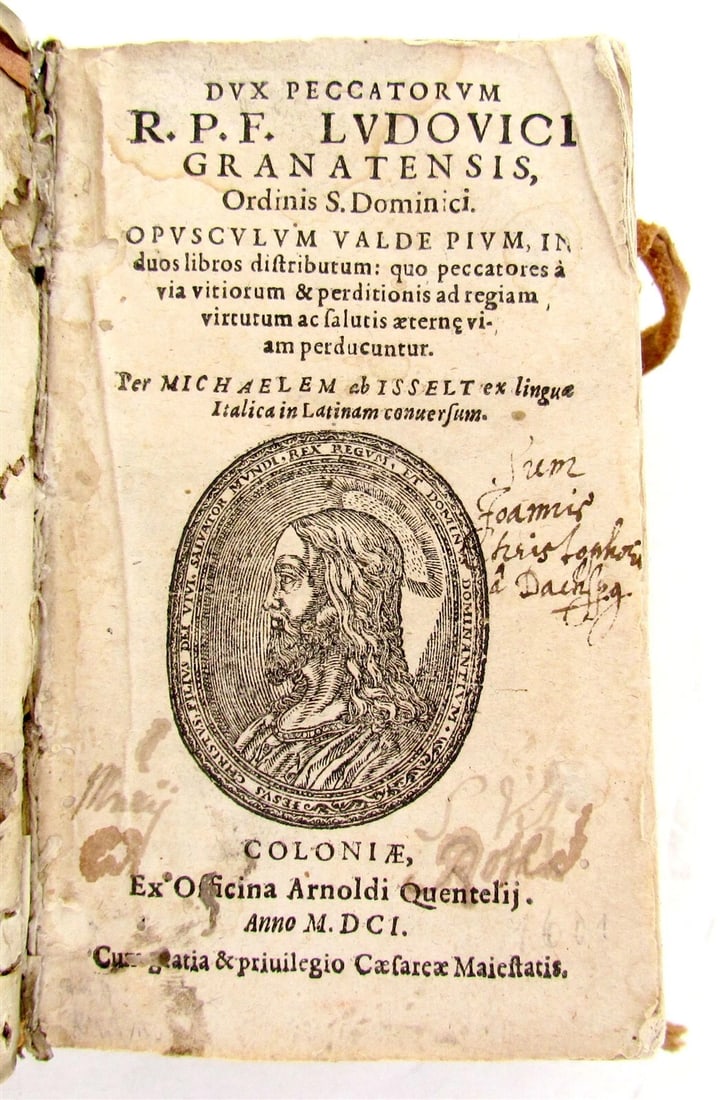 1601 THEOLOGY by Ludovici Granatensis ANTIQUE VELLUM BOUND: M. Valerii Martialis Epigrammatum Libros XV Paris , Antonium Cellier; 1680 Original embossed vellum boards and gilt spine Size 10 1/4 x 8" Front hinge cracked, spine and boards with some soiling, othe