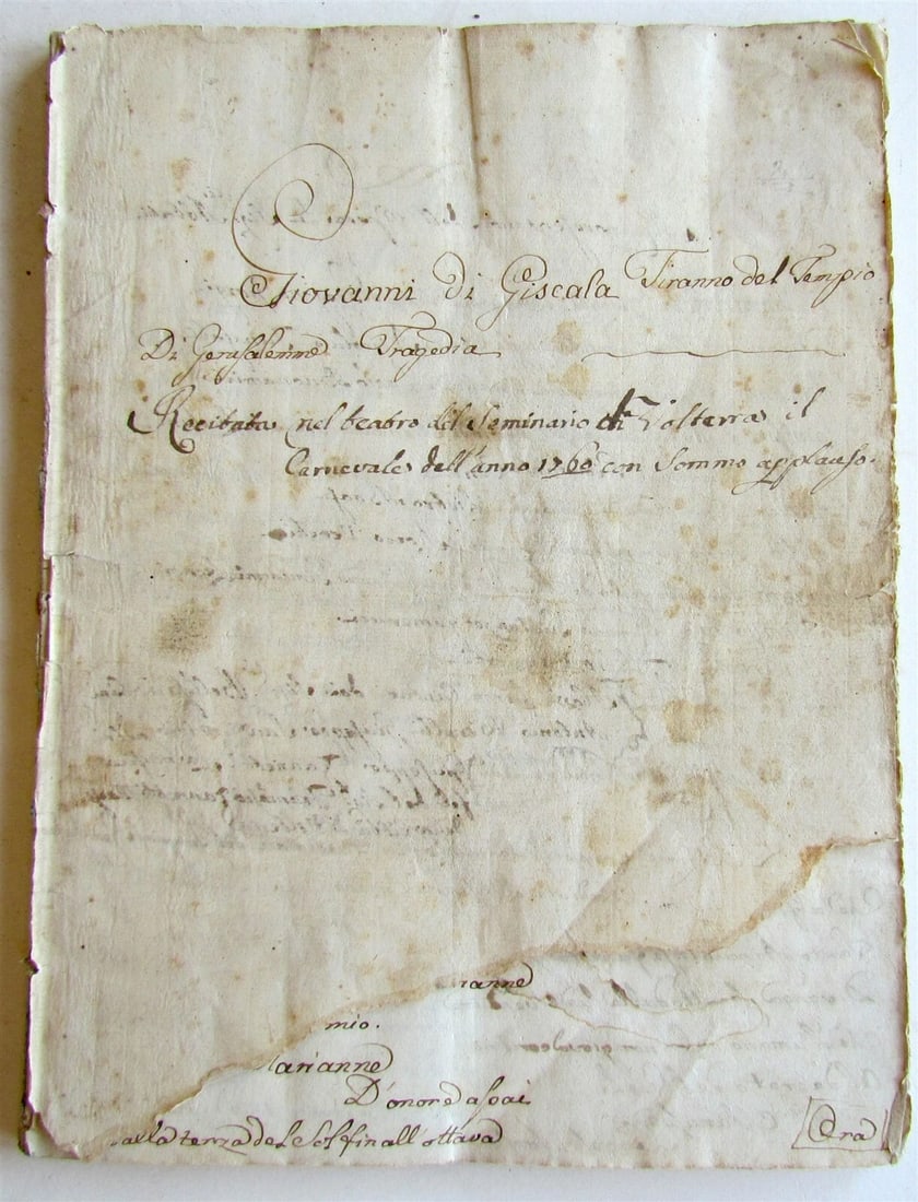 1760 MANUSCRIPT OPERA Giovanni Di Giscala Tiranno Del Tempio Di Gerusalemme: Gedoyn, M. Abbe Pausanias, ou Voyage de La Grece, traduit en Francais ... 2 vols. Paris, 1731 3 folded maps and 5 engraved plates (3 folded), text vignettes (etc.); newly rebound tan half morocco and 