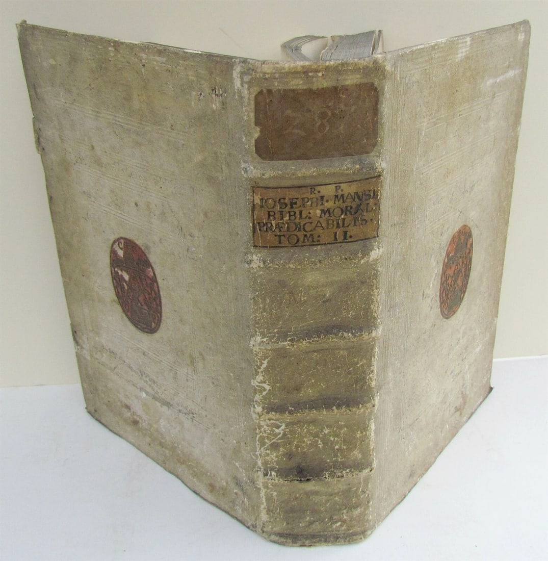 1703 BLIND-STAMPED PIGSKIN BOUND ANTIQUE FOLIO by Josephi Mansi Vol.2: 1681 ANTIQUE PIGSKIN BOUND FOLIO Lectiones Morales in Prophetam Jonam by Angelo Paciuchelli Published in Monachii [Munich] by Ioannis Iaecklini in 1681 Description: [xxviii], 928, [42] pp. (Folio) 31x
