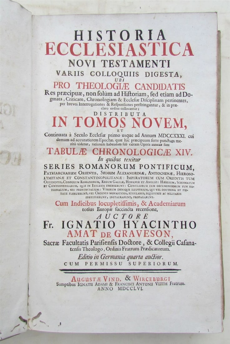 1750s VELLUM BINDING FOLIO HISTORIA ECCLESIASTICA antique by Graveson Ignatius: Friedrich von Hagedorn, "Oden und Lieder in fuenf Buechern" (Hamburg, J.C. Bohn 1754); contemporary stiff vellum; German baroque compilation of songs and poems by a renowned philologist. Text in Germa