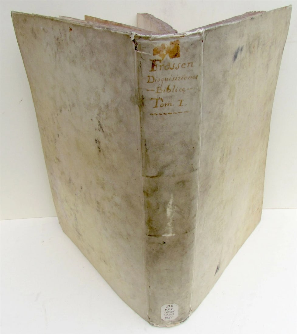 1769 VELLUM BOUND ANTIQUE FOLIO Disquisitiones Biblicae R.P.F. Claudii Frassen: Nicolai Rodrigues Fermosini, Hispani Episcopi Austuricensis Period vellum over boards, manuscript titles to the spine. Opera Omnia. COLONIAE ALLOBROGUM (Cologny, Switzerland), Philibert, 1741. Folio, 