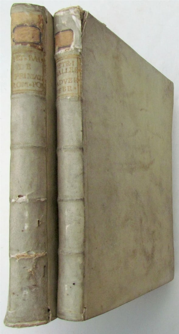 1770 2 volumes VELLUM BOUND ROMANORUM PONTIFICUM by PETRI BALLERINI: Theologia Patrum Dogmatica Scholastico-positiva... Auctore R.P. Antonio Boucat 7 volumes. Incomplete set. Size 7 by 9" Very good condition except occasional foxing and some defects of spines in 2