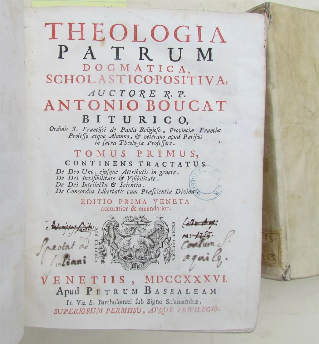 1736 VELLUM BINDING 7 VOLUMES LOT THEOLOGIA PATRUM by ANTONIO BOUCAT ANTIQUE - 3