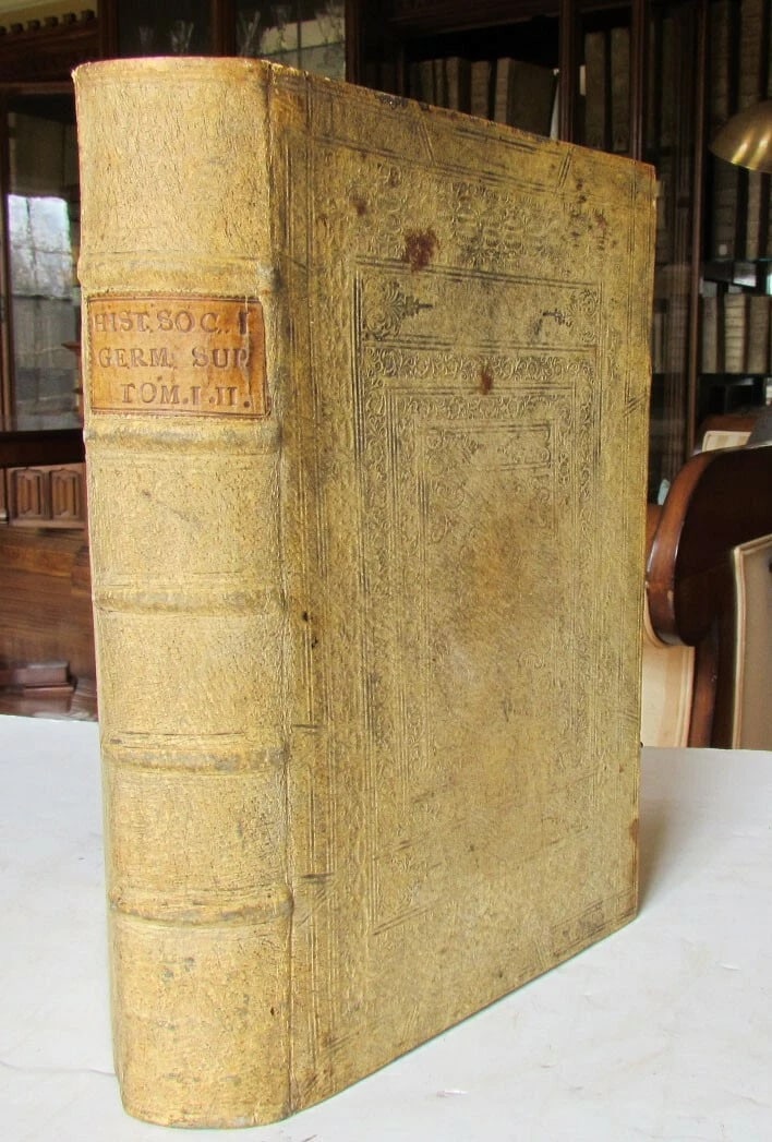 1727 ANTIQUE BLINDSTAMP PIGSKIN GERMAN JESUIT HISTORY FOLIO by IGNATIO AGRICOLA: Georgii Buchanani Scoti Poemata Quæ Extant [Amsterdam]. Amstelædami. Apud Henricum Wetstenium, 1687. Size 2 3/4 by 4 3/4" 560 pages Brown calf binding, floral back with five compartments