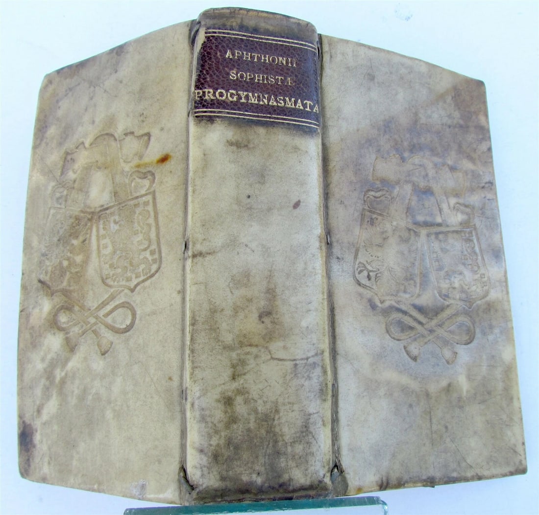 1665 APHTHONIUS antique BLIND-STAMPED VELLUM: Muret, Marc-Antoine M.ANTONII MURETI PRESBYT. I.C. ET CIVIC ROMANI , ORATORIS AS POETAE Koln, , 1650 Toning. Otherwise very good condition. Size 3 1/4 x 5 1/2 in. Provenance (2 bookplates on the front