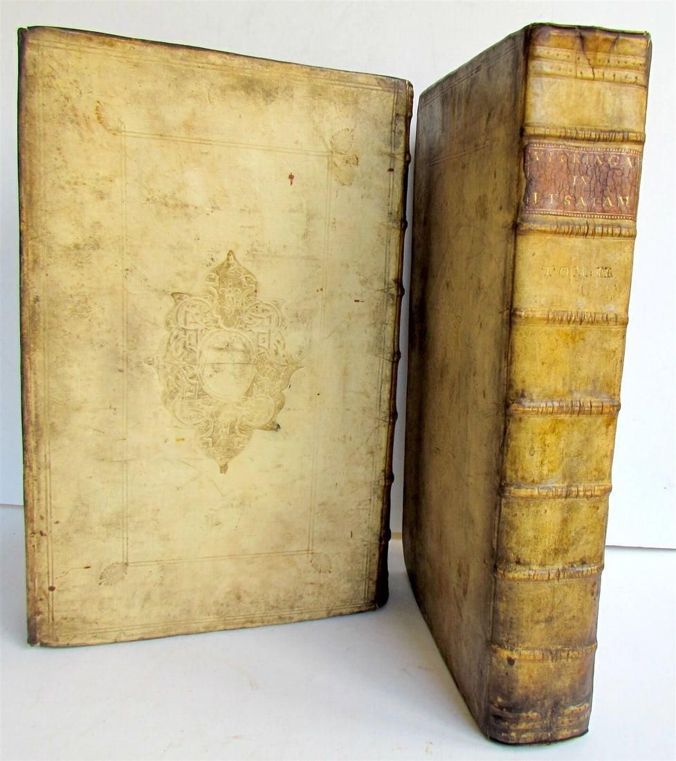 1722 2 VOLUMES Commentary on Isaiah by C.Vitringa antique FOLIOS VELLUM w/ MAP: 2 VOLUMES Campegius Vitringa [1659-1722] Commentarius in Librum Prophethiarum Jesaiae […]. Editio Nova. I-II Leovardiae [Leeuwarden / Friesland]: Henricus Halma, 1724. Folio (9 by 14"). Half