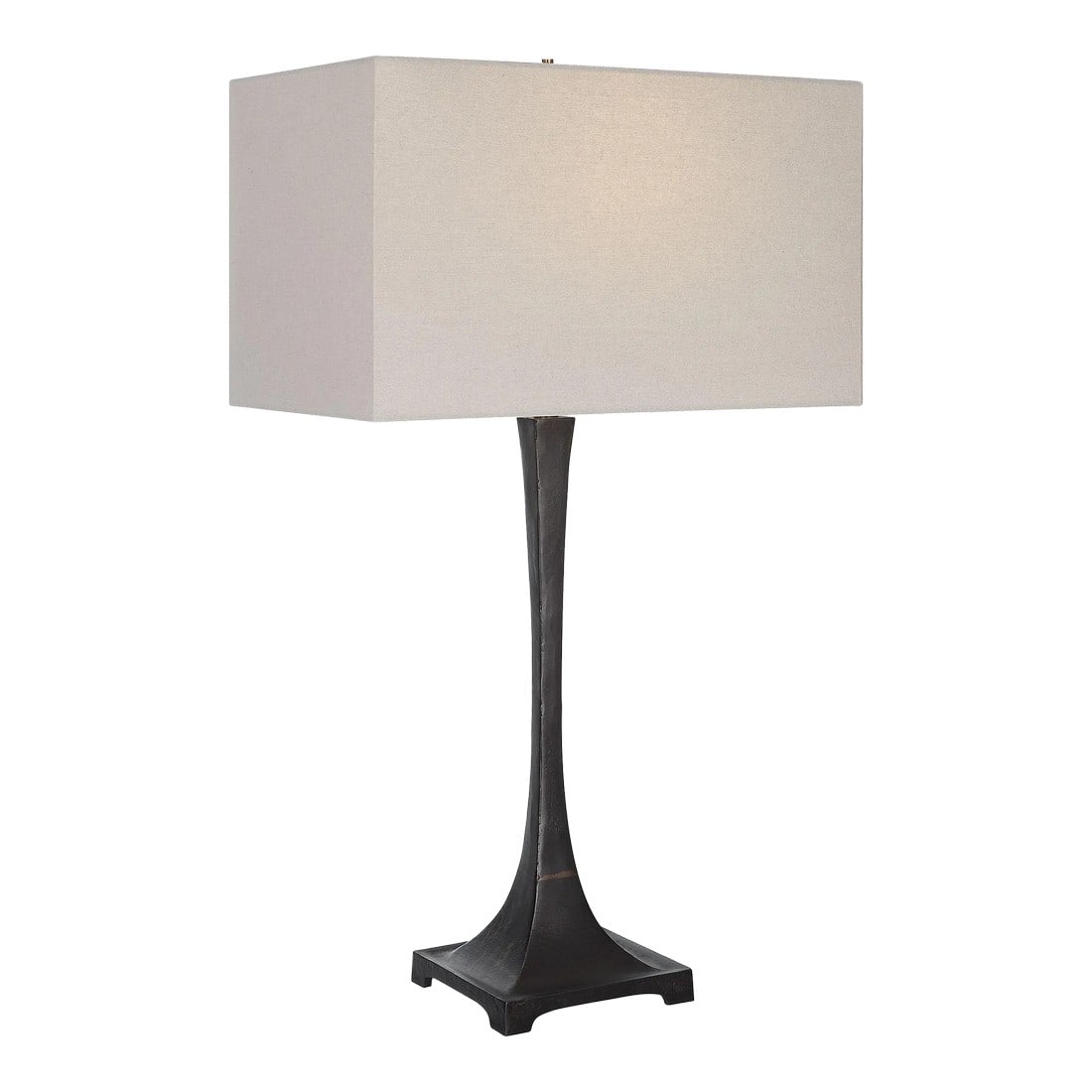 Reydan Tapered Iron Table Lamp: This Table Lamp Showcases A Petite, Tapered Iron Column In A Rustic Black Finish With Golden Highlights. The Rectangle Hardback Shade Is Covered In An Off-white Cotton Fabric. Antique, vintage, design