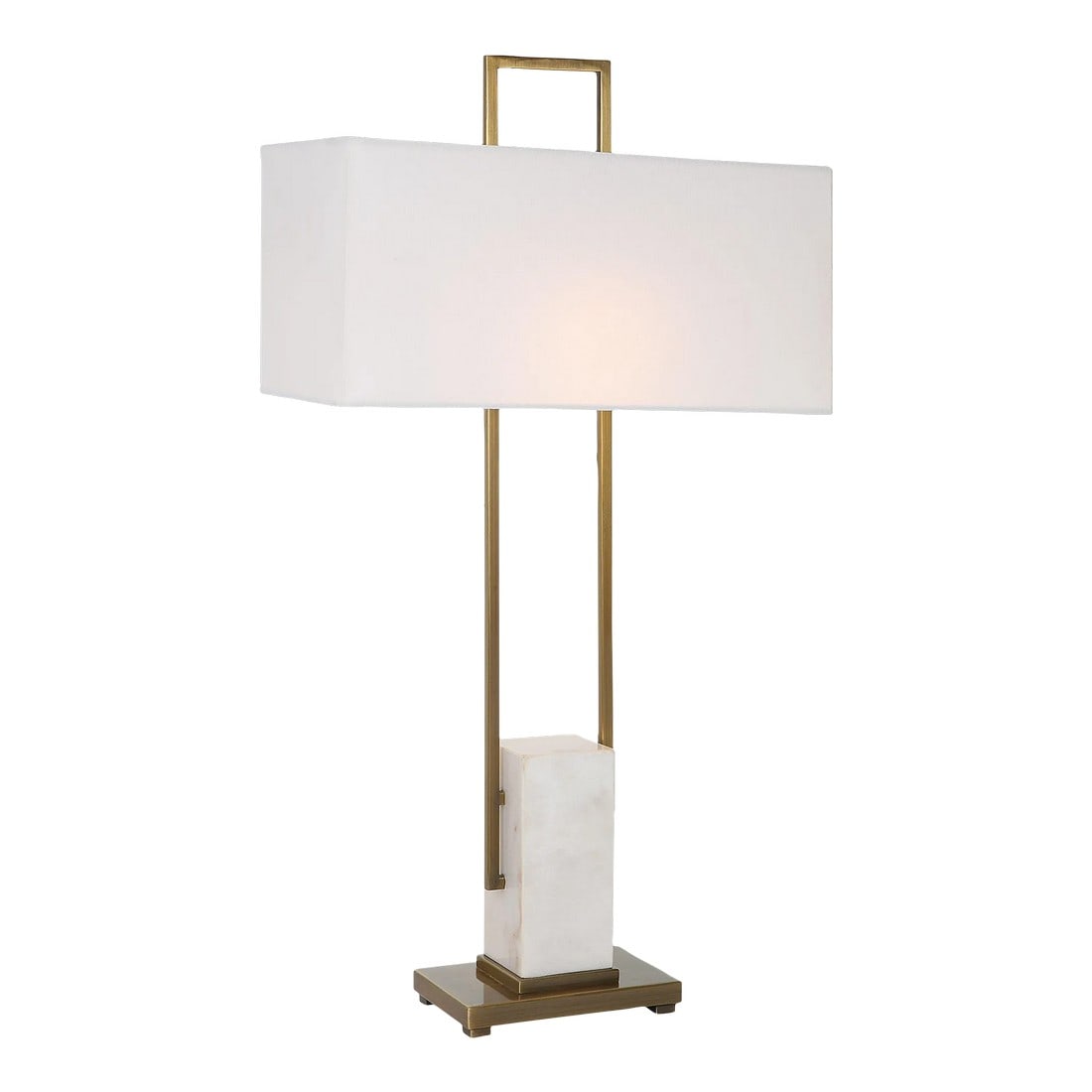 Column White Marble Table Lamp: The Column Lamp Displays A Modern Look With Square Steel Bars Finished In Plated Brass And Matching Continuation Finial, Accented With A White Marble Pillar. The Rectangular Hardback Shade Is Covered