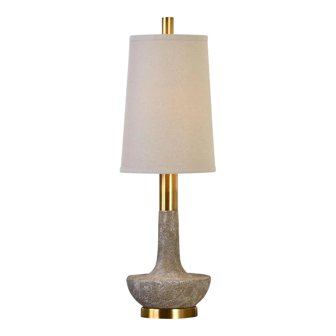 Volongo Stone Ivory Buffet Lamp: Textured Stone Ivory Finish, Accented With Plated Brushed Brass Details. The Tapered Round Hardback Shade Is An Oatmeal Linen Fabric With Natural Slubbing. Condition: Imperfections: No Imperfections