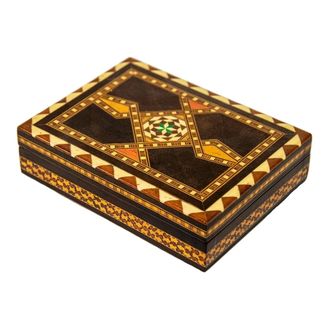 Moorish Spain Inlaid Marquetry Mosaic Box 1950's: Mid 20th Century Moorish Spain Inlaid Marquetry Mosaic Box. Handcrafted great geometric one of a kind Moorish design. Middle Eastern Syrian style, Moorish Spain Granada inlaid micro mosaic marquetry.