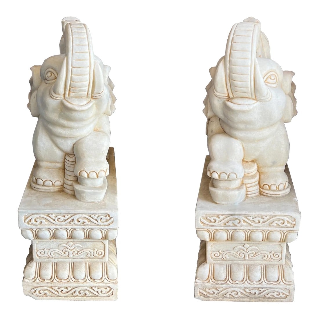 Chinese Pair White Marble Stone Fengshui Elephant Trunk Up Statues: This is a pair of traditional Chinese Fengshui statues at the front door. It is a charming meaningful Fengshui statue at the home or as a decorative piece in the garden. The base is carved with a