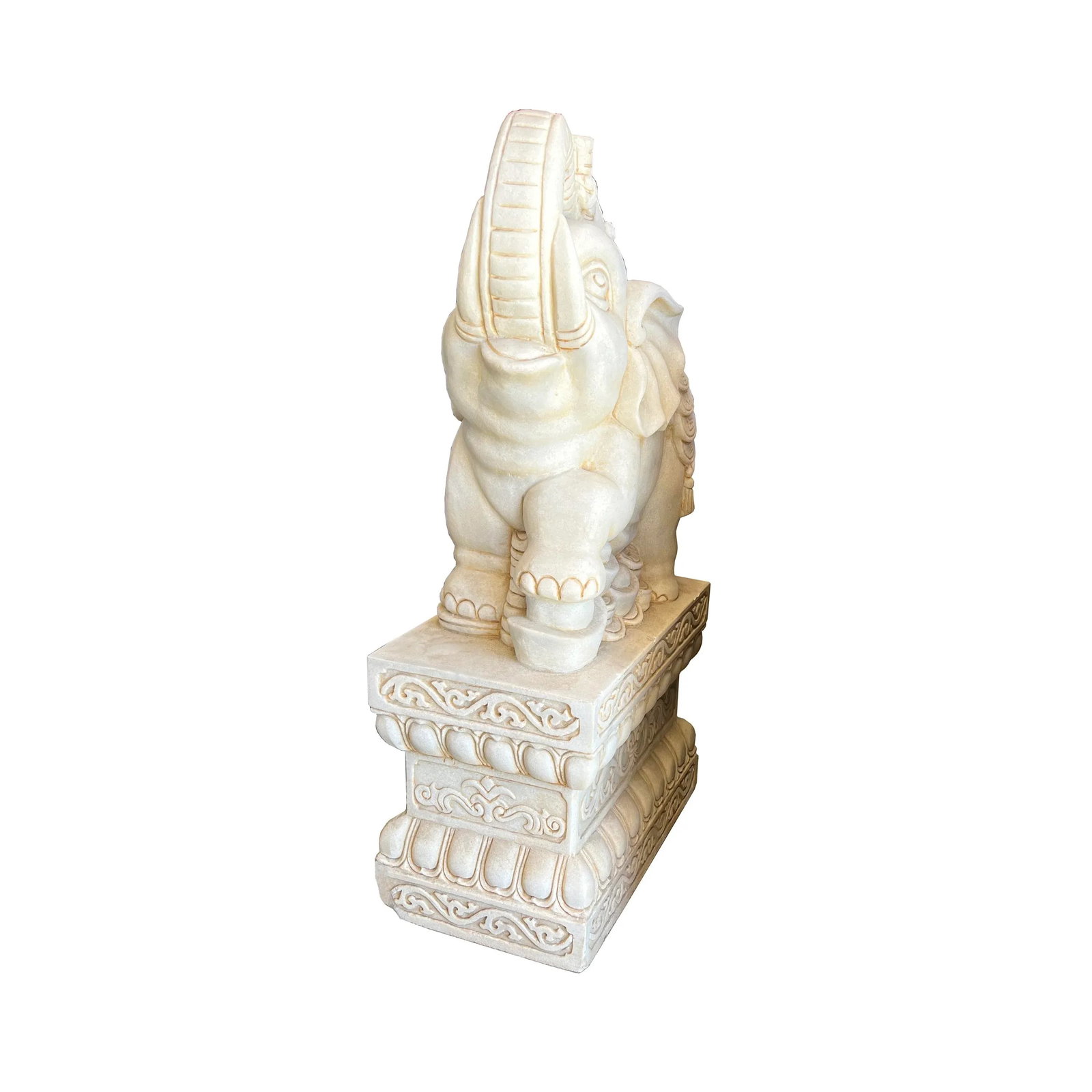 Chinese Pair White Marble Stone Fengshui Elephant Trunk Up Statues - 2