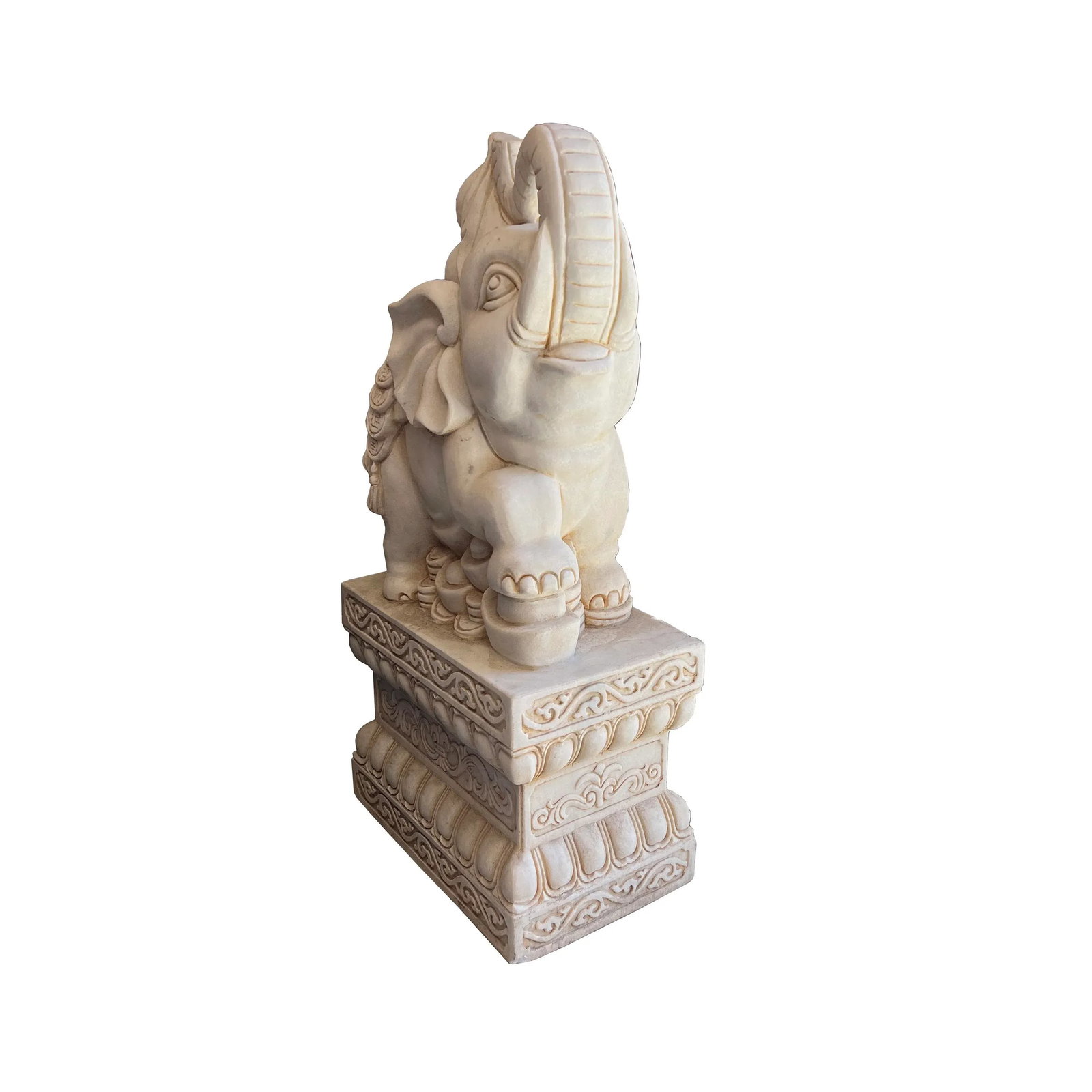 Chinese Pair White Marble Stone Fengshui Elephant Trunk Up Statues - 3