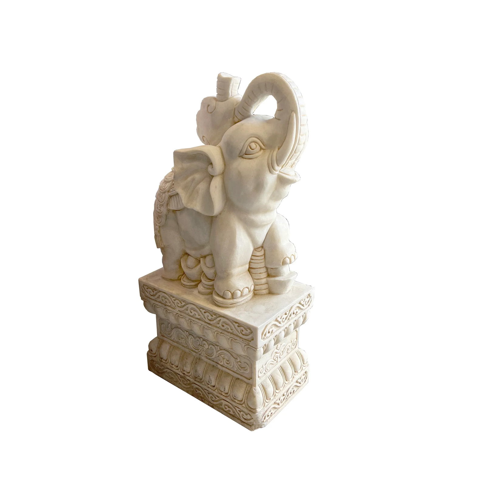 Chinese Pair White Marble Stone Fengshui Elephant Trunk Up Statues - 4